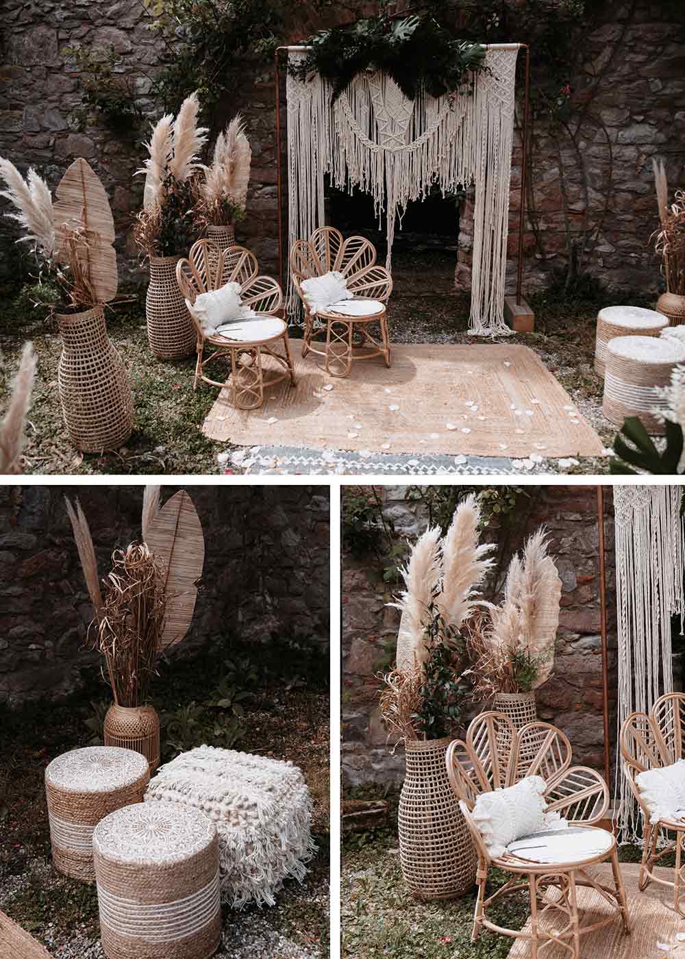 Die Boho Elemente ziehen sich durch die gesamte Dekoration der Hochzeit. Geflochtene Stühle für die Trauung, Pampasgras in hohen Vasen, ein Traubogen mit Makramee verziert und ein geflochtener Teppich geben ein harmonisches Gesamtbild.