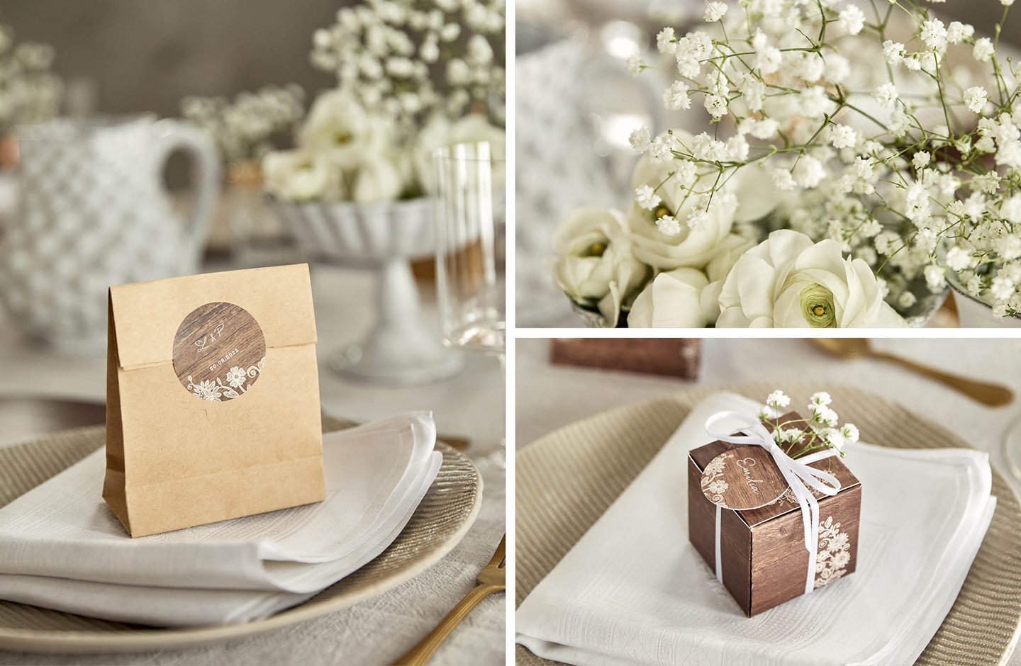 Geschenktüten und Geschenkboxen für Gastgeschenke, dekoriert auf der Hochzeitstafel
