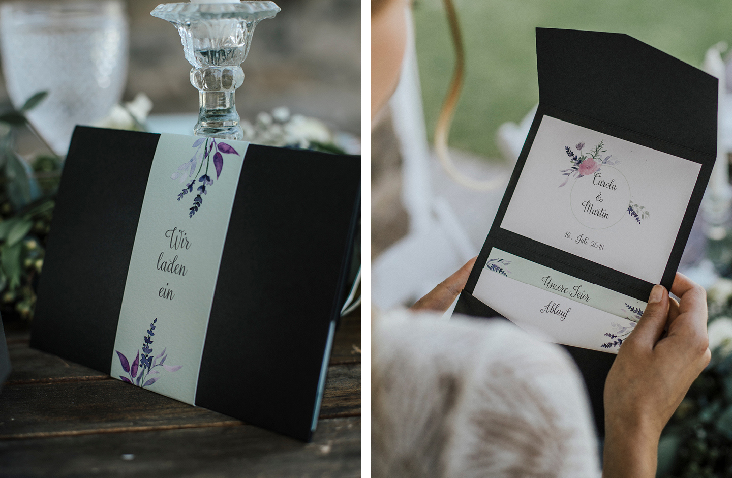 Braut hält schwarze Hochzeitseinladung mit liebevollen Illustrationen von Lavendel in der Hand.