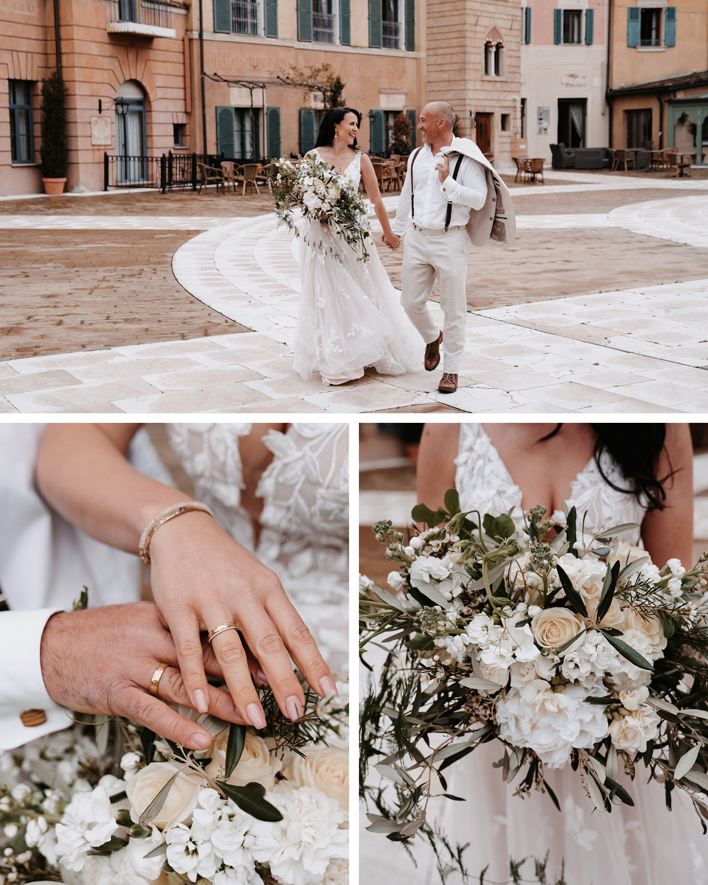 Brautpaar im Boho Greenry Look schlendert hat in Hand zum Traualter. Die Braut trägt einen großen Brautstrauß mit weißen Blüten und Olivenzweigen.