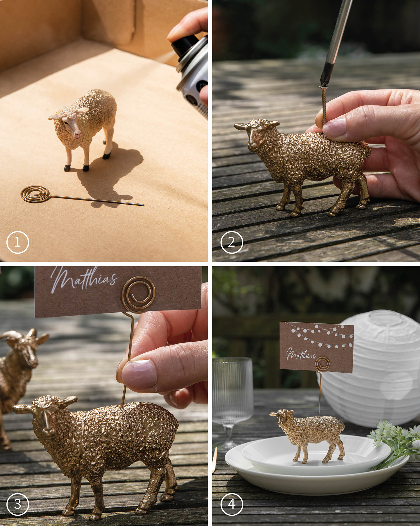 Schritt für Schritt Anleitung für selbst gemachten Tischkartenhalter zur Hochzeit aus Tierfiguren. 