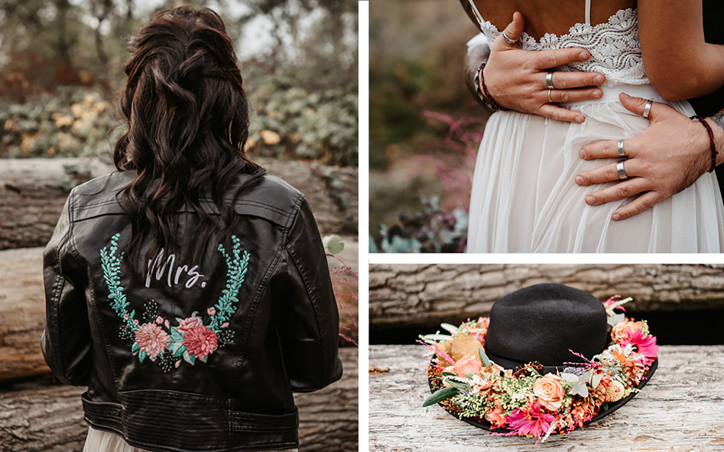 Braut Details: Lederjacke in schwarz mit bunter Blumen-Bestickung. Hut mit Blumenkranz und Kleid aus weißer Spitze