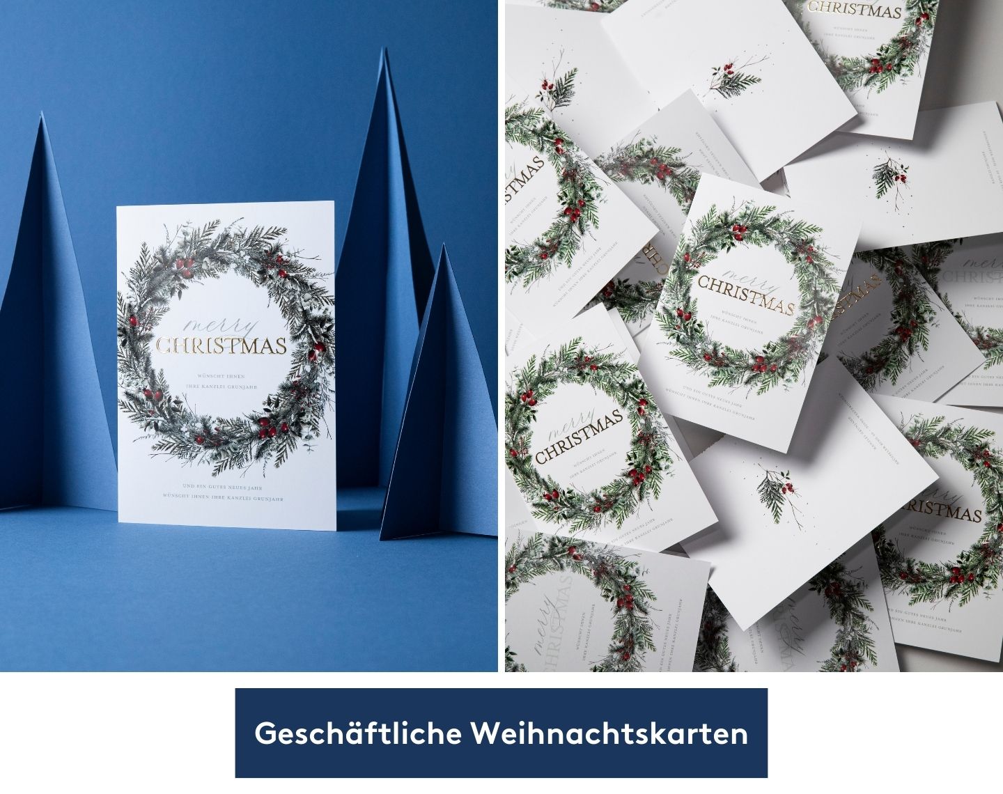 Geschäftliche Weihnachtskarte steht vor blauem Hintergrund.