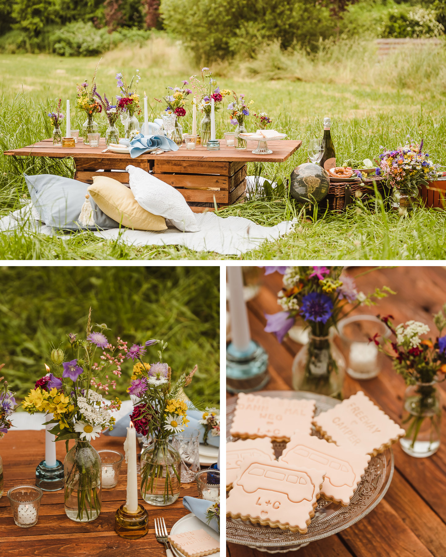 Kleine Holztisch ist auf Wieso zum Picknicken gedeckt und mit bunten Blumen zur Camper Hochzeit dekoriert.