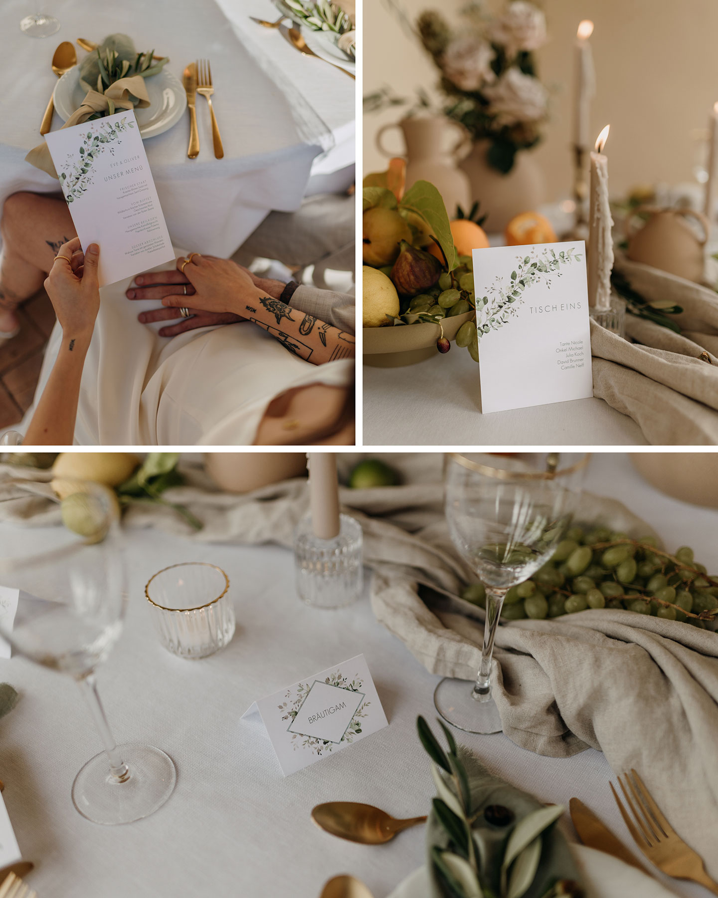  Der Hochzeitstisch ist gedeckt und mit der passenden Papeterie und Deko versehen. Olivenblätter, Zitrusfrüchte sowie goldenes Besteck sind der Hingucker auf dem Tisch.