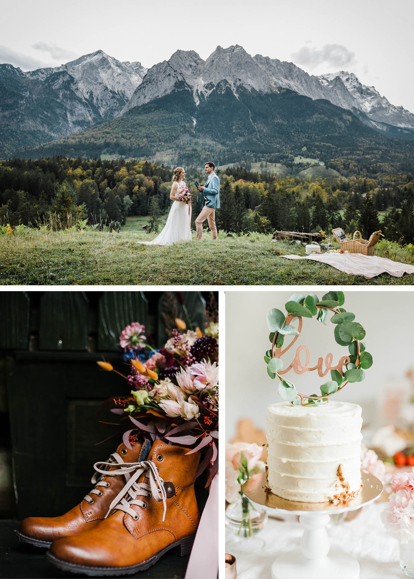 Hochzeit in den Bergen, Elopement, Dekoration,Schuhe, Hochzeitstorte