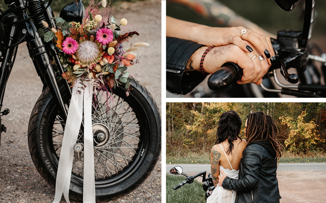 Details einer Bikerhochzeit in einer Collage aus drei Bildern festgehalten: die mit Blumen geschmückten Harley-Reifen, die Hände des Brautpaares und das Paar auf dem Motorrad.