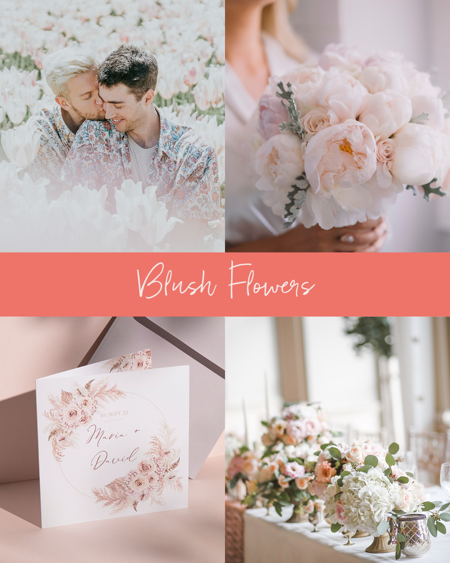 Collage zeigt wie der Trend Blush Flowers auf der Hochzeit mit hellen Farben umgesetzt werden kann.