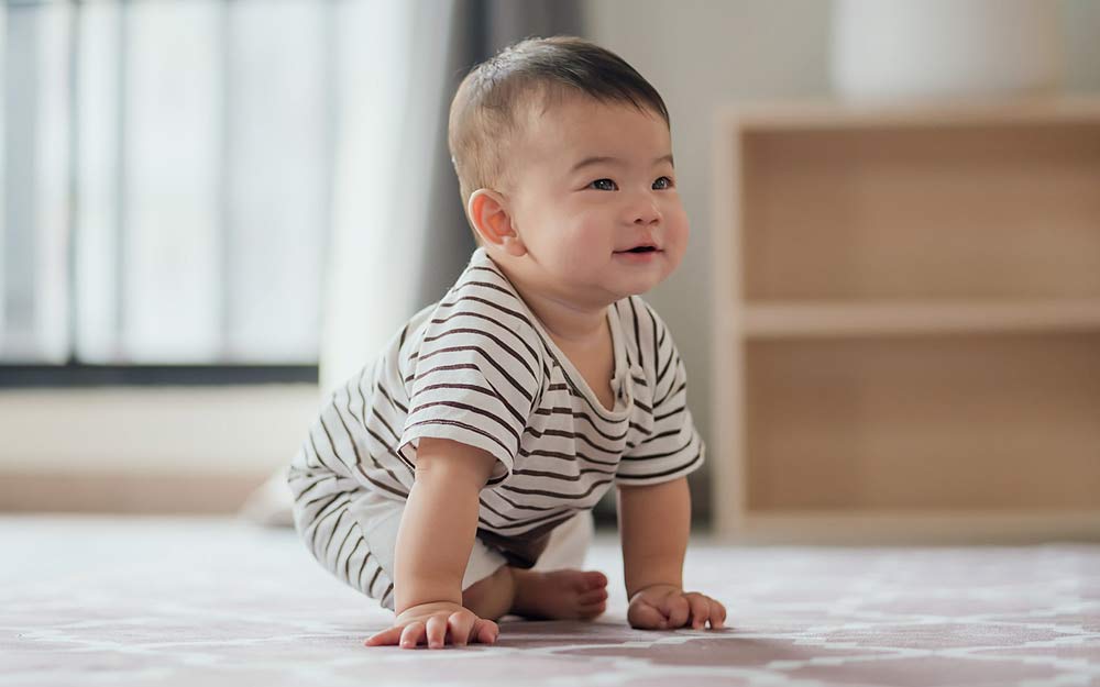 Baby bringt sich auf dem Boden über den Vierfüßlerstand selbstständig ins Sitzen