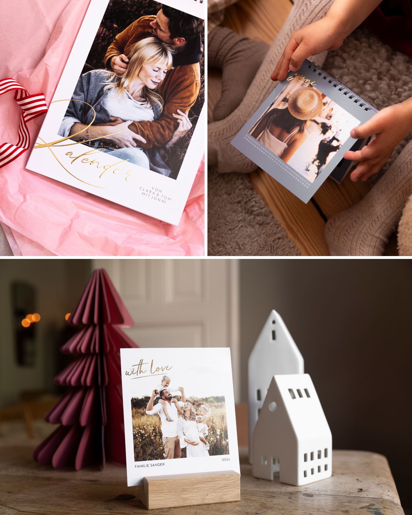 Zauberhafte Wandkalender als Fotogeschenke Ideen auf dem Tisch drapiert, mit eignen Fotos gestaltet, Fotogeschenke als Idee zu Weihnachten verschenkt zu werden.