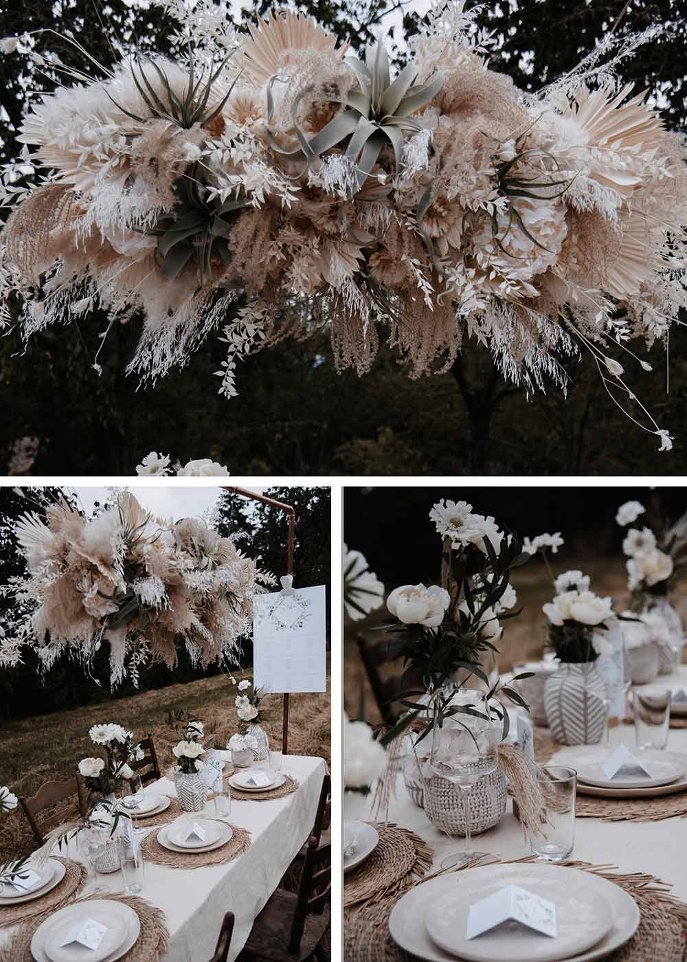 Die auffällige Blumendeko an den Hochzeitstischen ist. ein richtiger Eyecatcher. Über den Tischen hängen zauberhafte Gestecke aus wilden Blumen und Gräsern in beige, passend zur restlichen Deko.