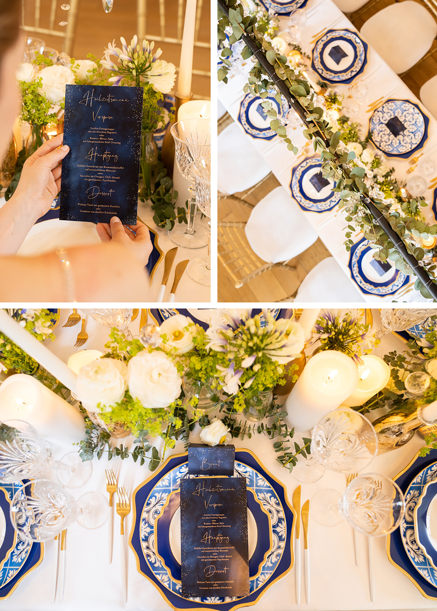 Klassisch angerichtete Hochzeitstafel in unterschiedlichen Blautönen, detailreiche Teller mit Muster, Deko in grün und Papeterie in Dunkelblau, passend zur Hochzeitsdeko, ist zu sehen. 