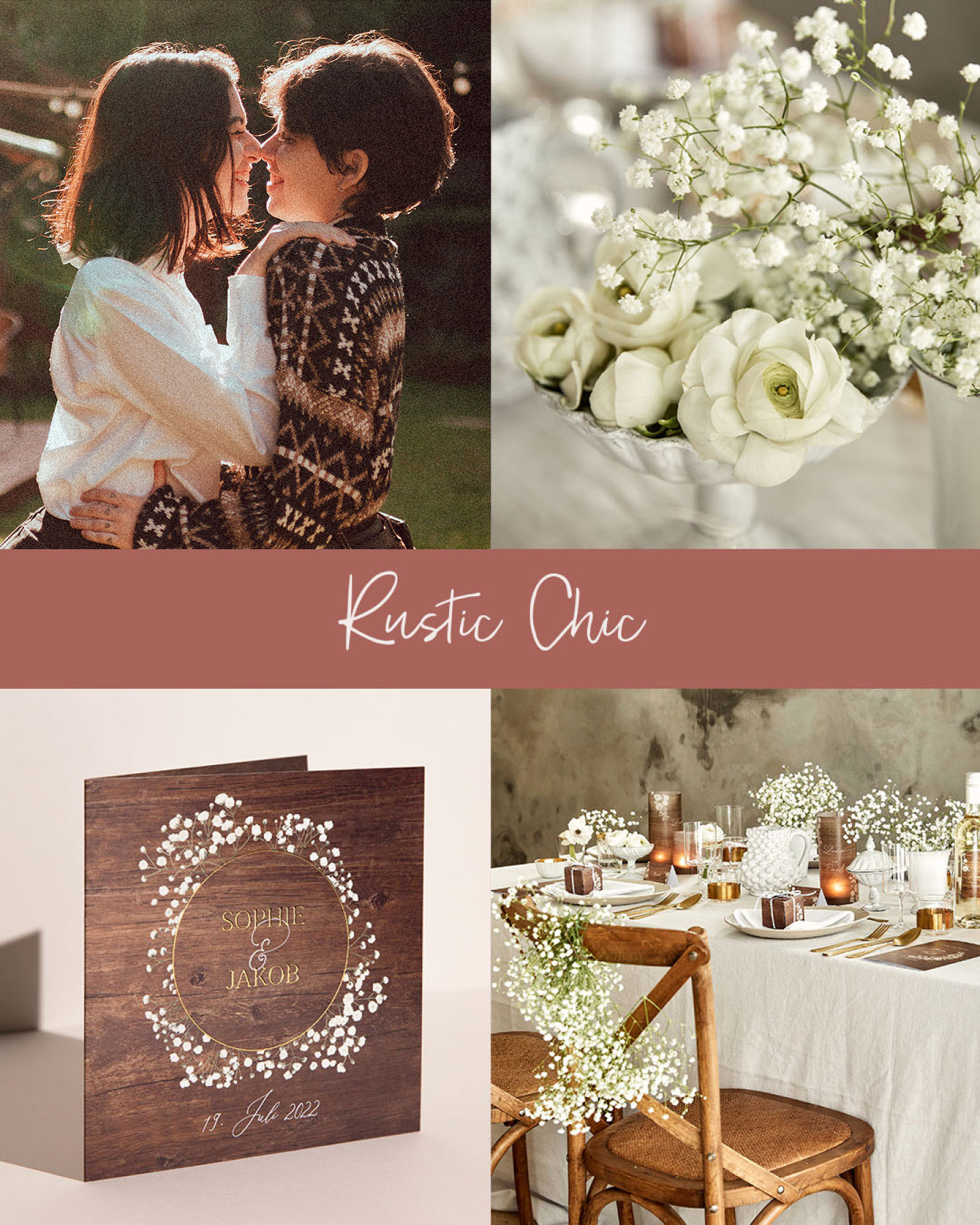 Collage zum Trend Rustic Romantic zeigt Hochzeitsdekoration im Holz-Look und weiße Floristik.