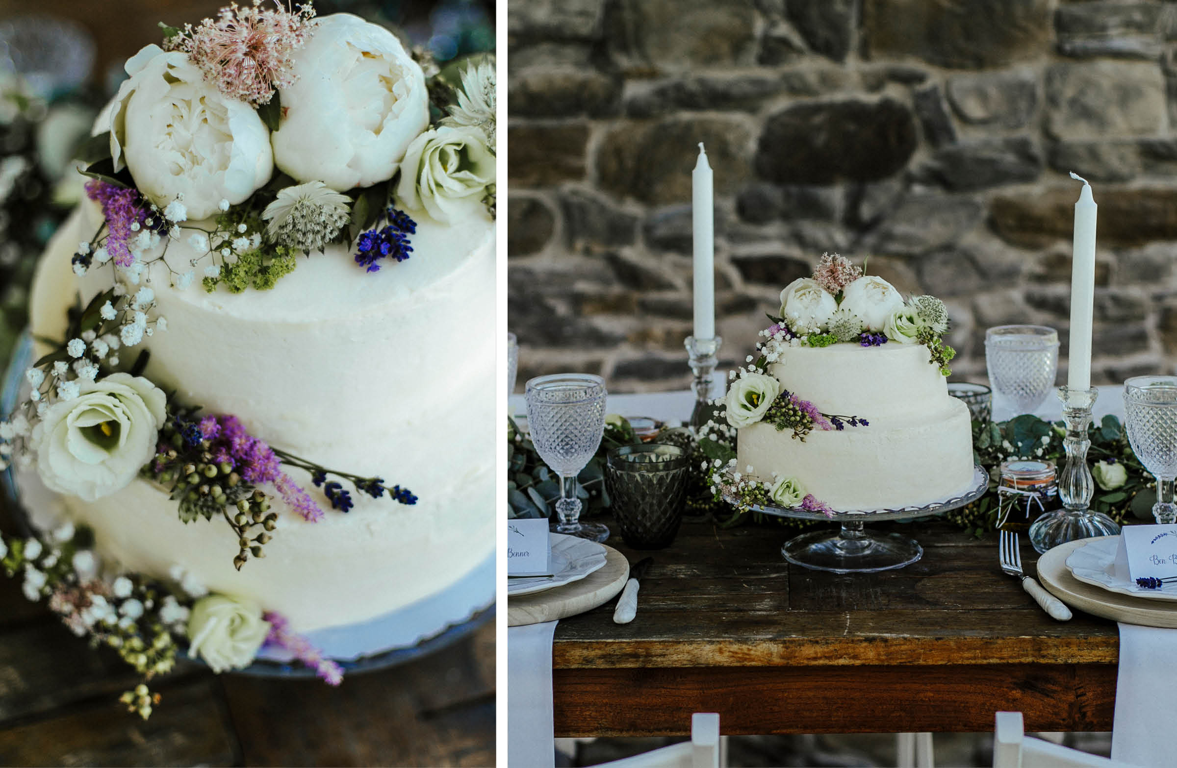 Hochzeitstorte mit Buttercreme, verziert mit verschiedenen echten Blumen