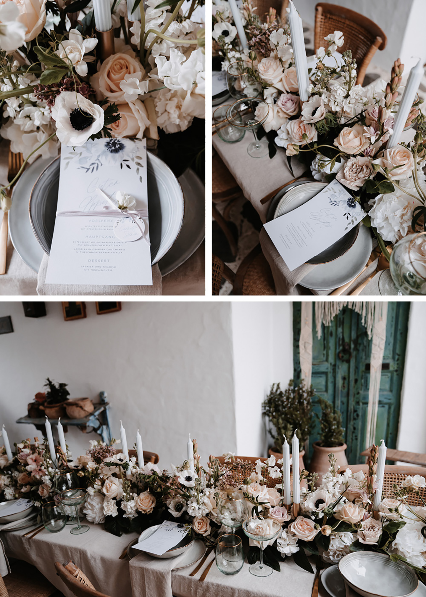 Die Hochzeitspapeterie wurde auf den Tellern der Gäste platziert. Ein eigenes Menü ist auf jedem Platz zu finden. Die geschmückten Blumen runden das Bild ab. 