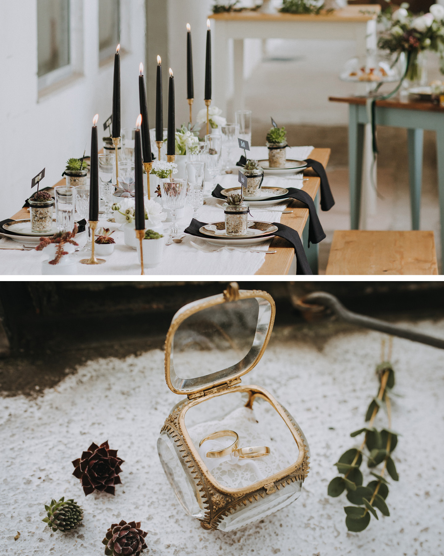 Hochzeitstafel ist minimalistisch in Schwarz & Weiß dekoriert.