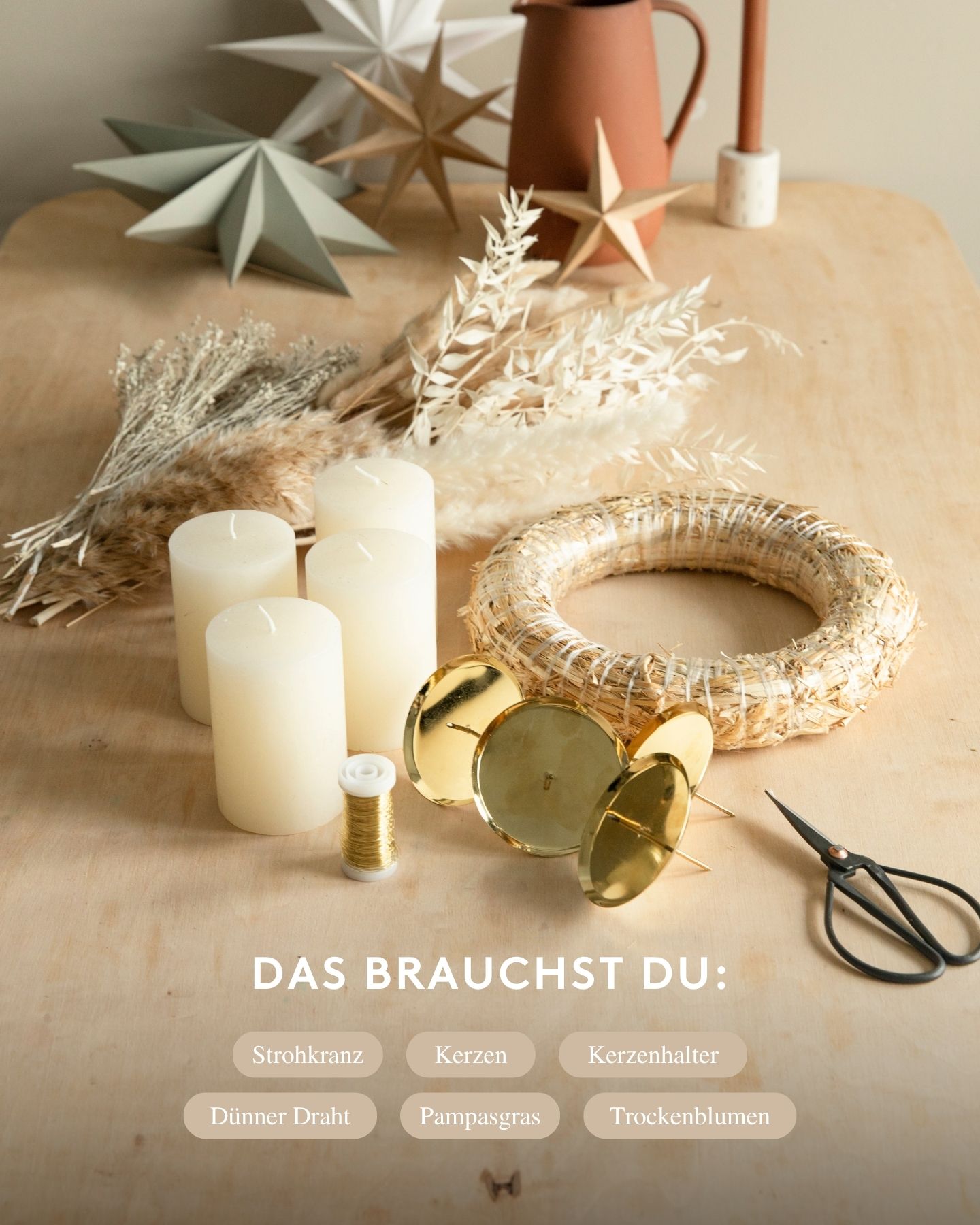 DIY-Adventskrans aus Pampasgras. Alle Materialien im Überblick.