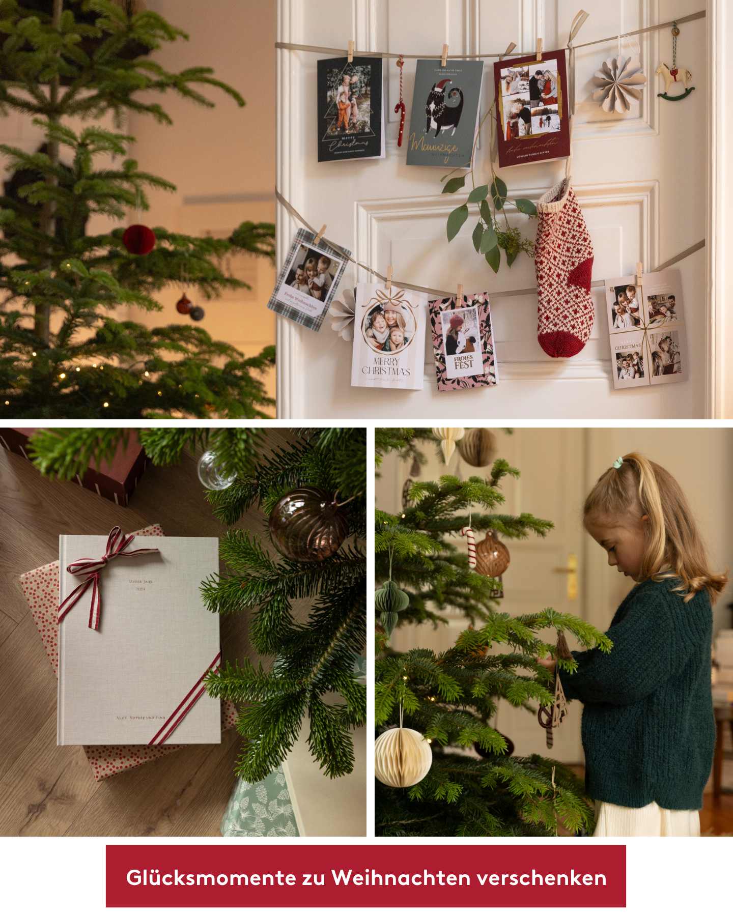 Weihnachtliche Stimmung in einer Wohnung während ein Kind den Weihnachtsbaum dekoriert.