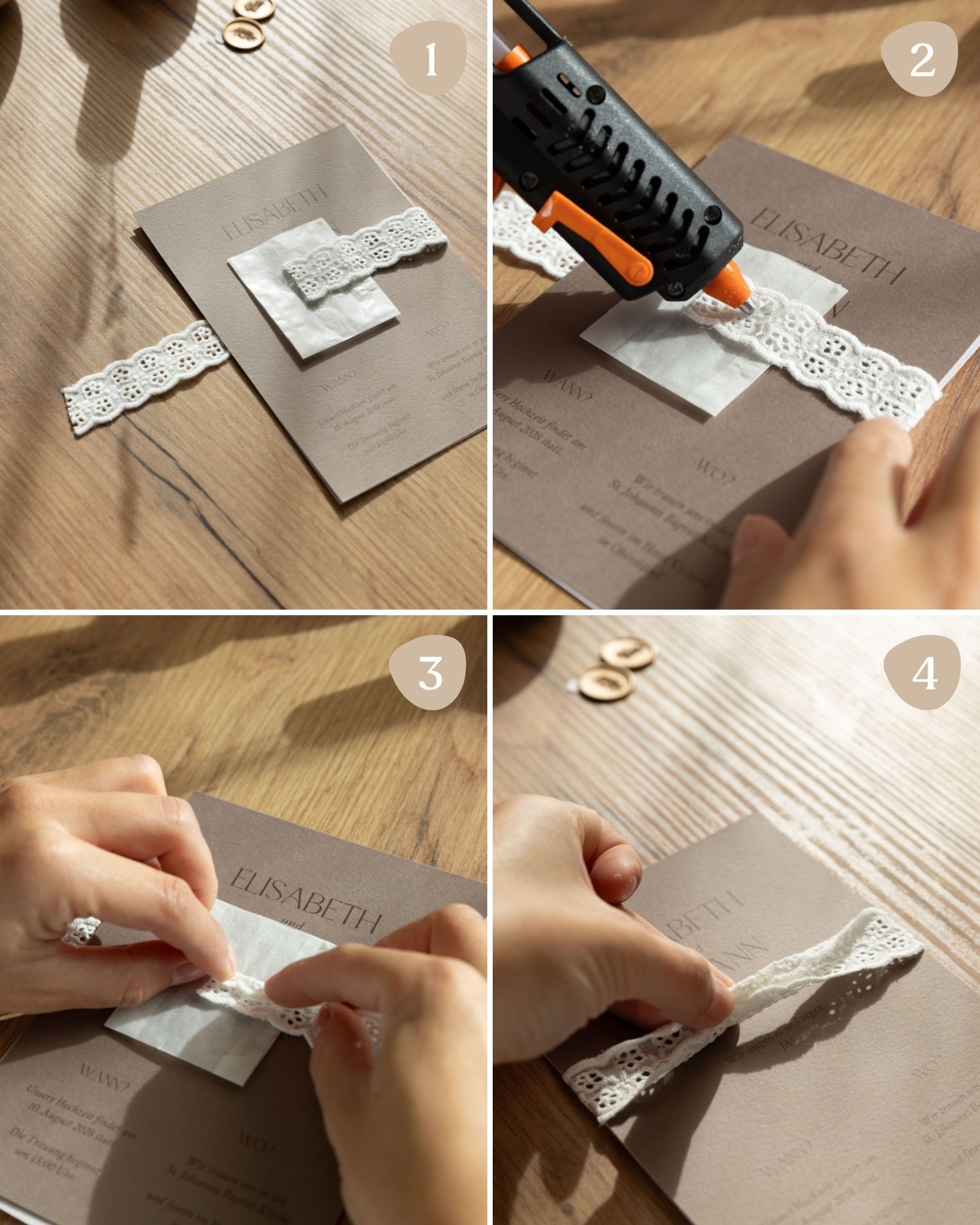 DIY-Anleitung für Hochzeitseinladungen mit Spitzenband und Trockenblumen