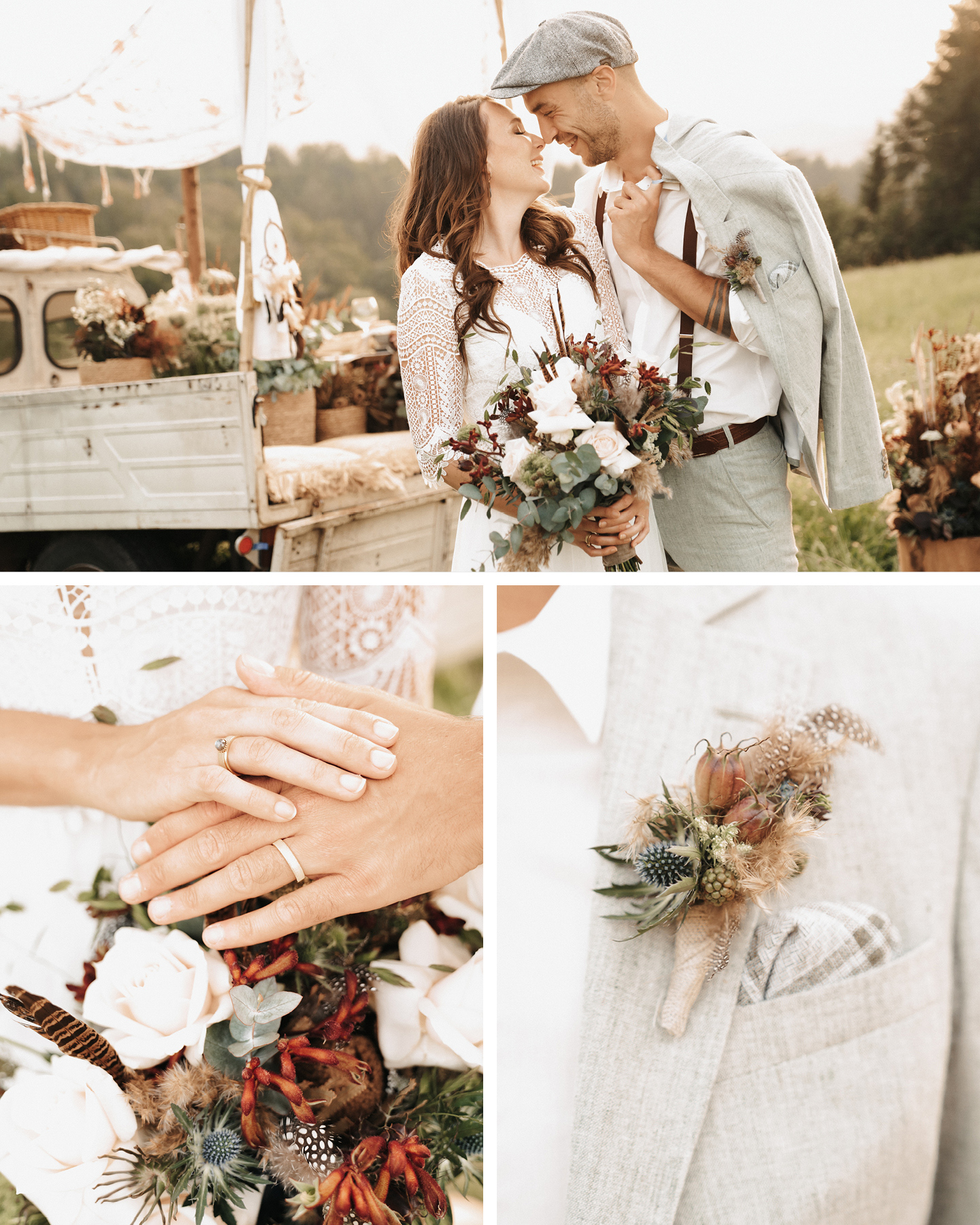 Bräutigam trägt grauen Leinen-Anzug mit Hosenträgern zur Boho Picknick Hochzeit