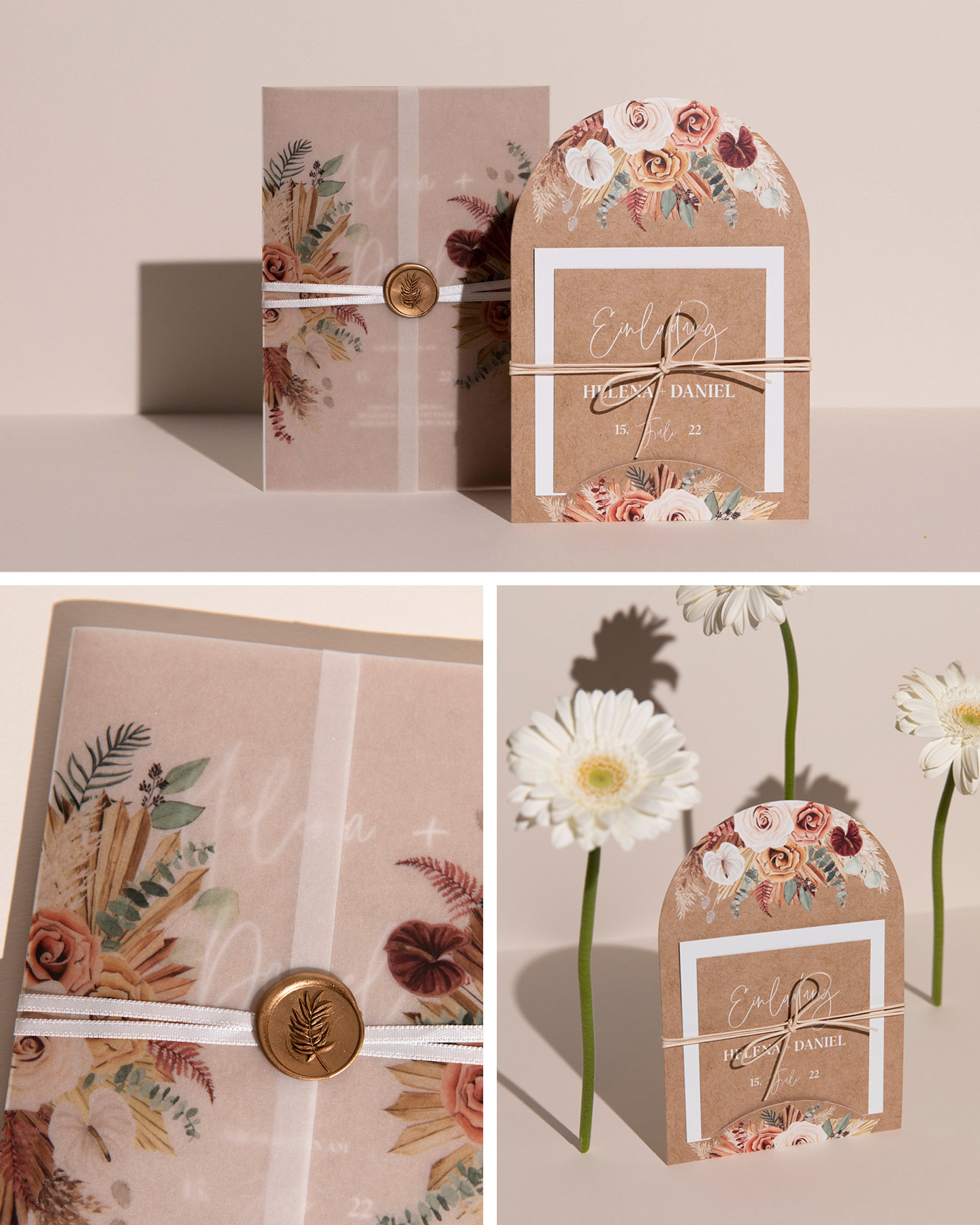 Hochzeitseinladung im Halbrunden Format mit handgezeichneten Blüten Illustrationen.