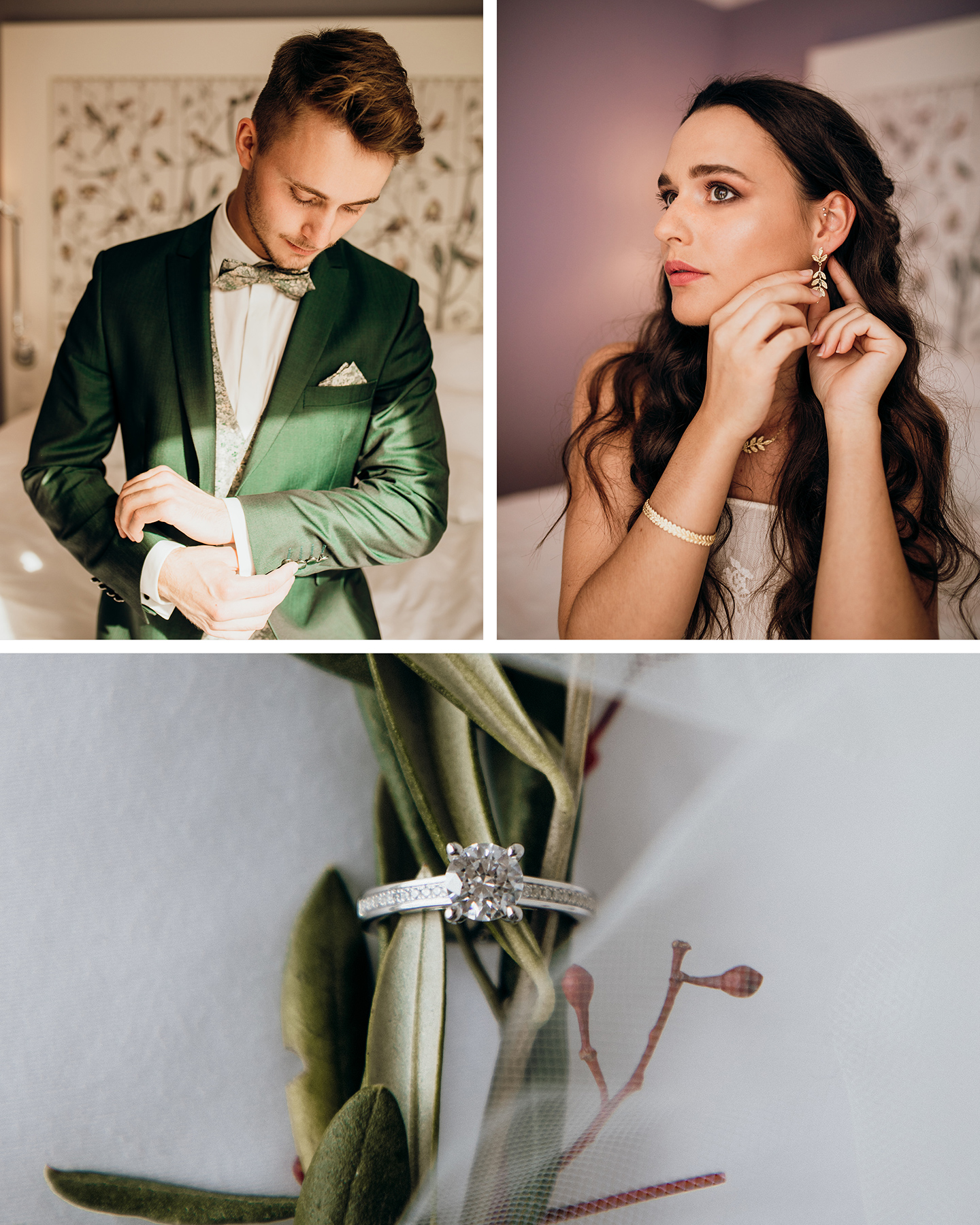 Eine Collage aus drei Bildern. Links ist der Mann im mossgrünen Anzug zu sehen, der sich seine Manschettenknöpfe zumacht. Rechts sieht man die Braut, wie sie sich ihre Ohrringe ansteckt. Das untere Bild der Collage zeigt eine Detailaufnahme des Rings. 
