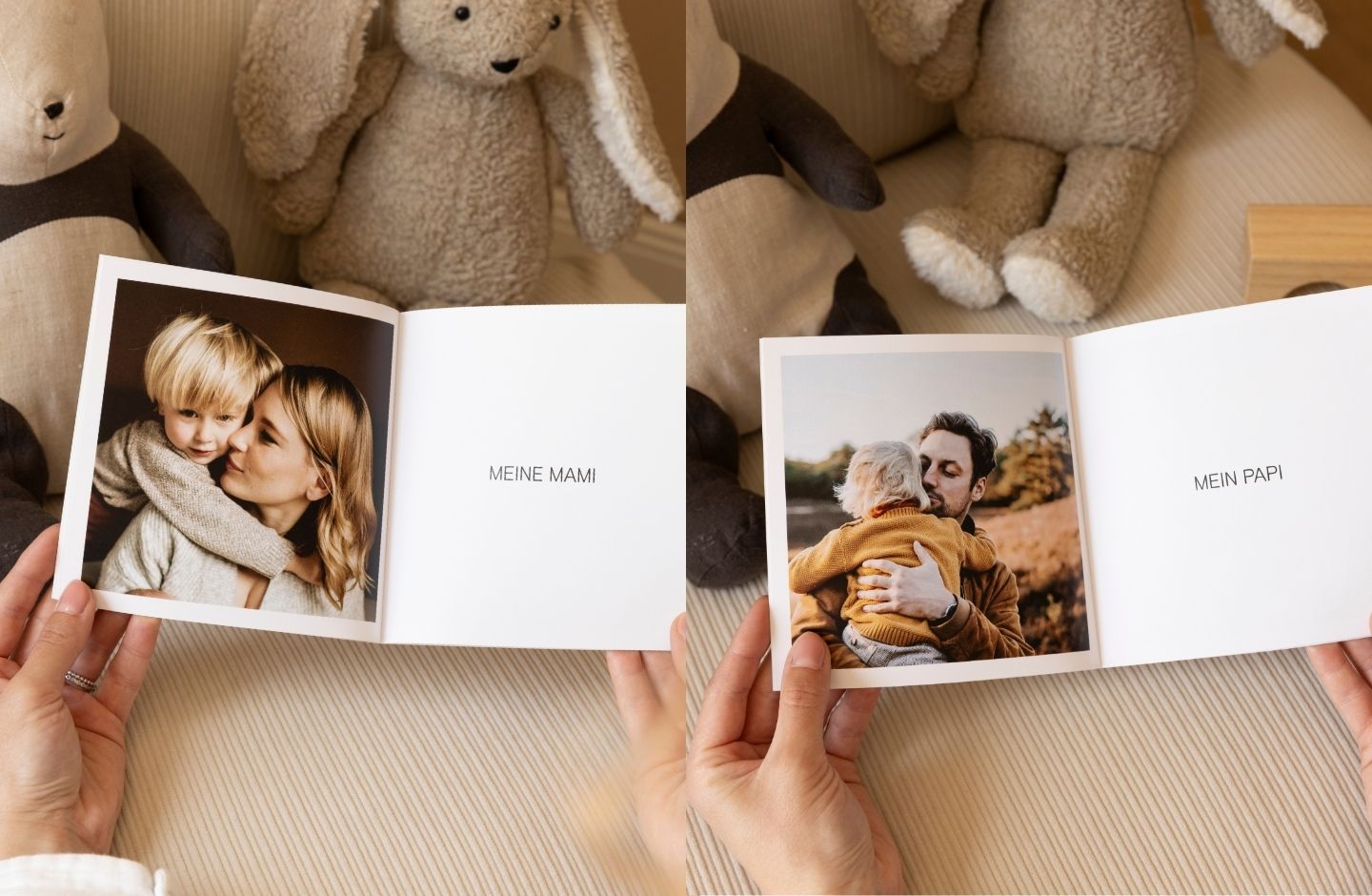 Bildercollage der Innenseite eines Softcover Fotobuchs im quadratischen Format 15 x 15 cm. Linkes Foto zeigt ein Bild von Mama und kleinem Sohn und den Schriftzug Meine Mami, rechtes Foto zeigt ein Bild von Papa und kleinem Sohn mit dem Schriftzug Papi. 