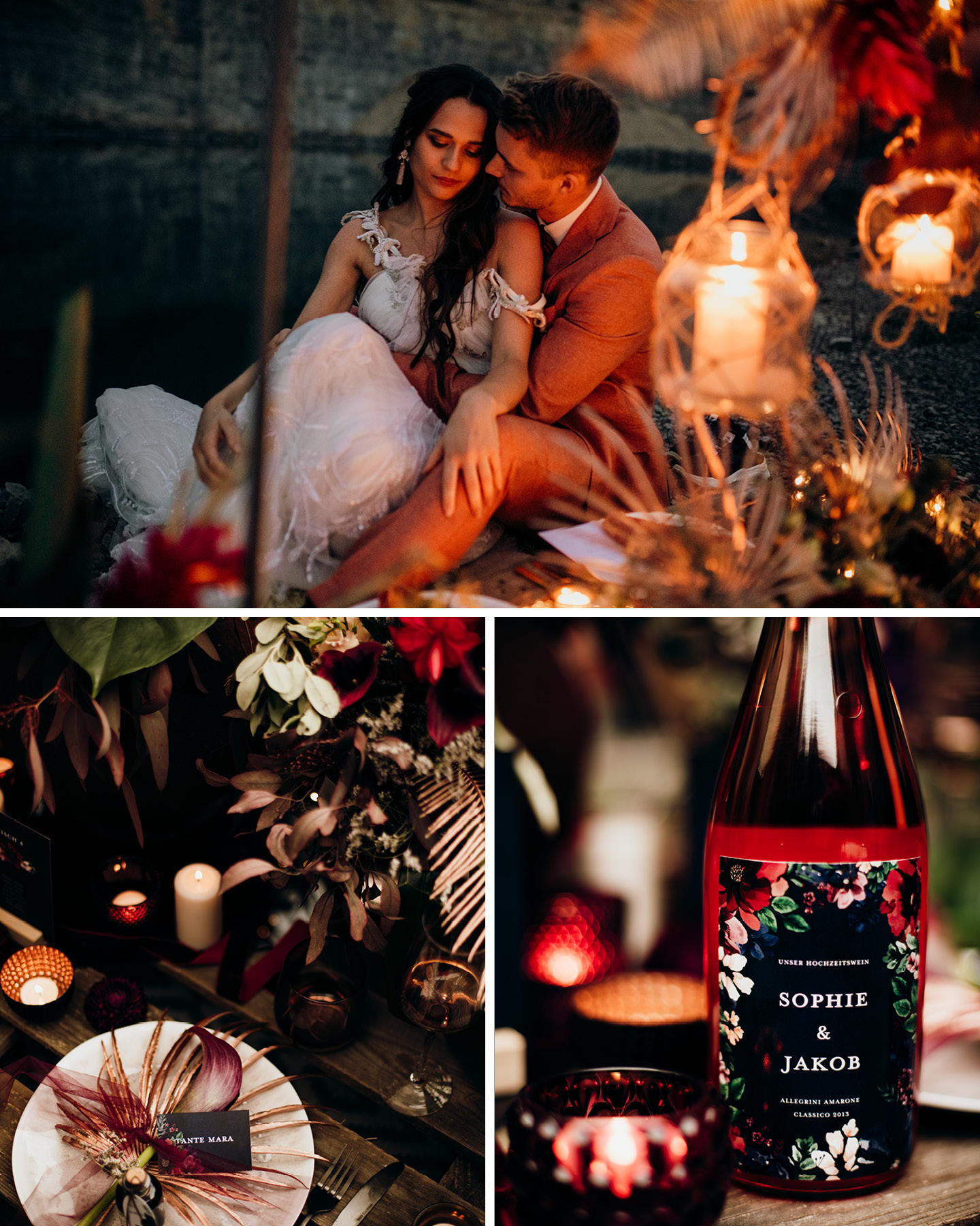 Brautpaar am Hochzeitsabend am Strand, Deko im Moody-Boho-Stil