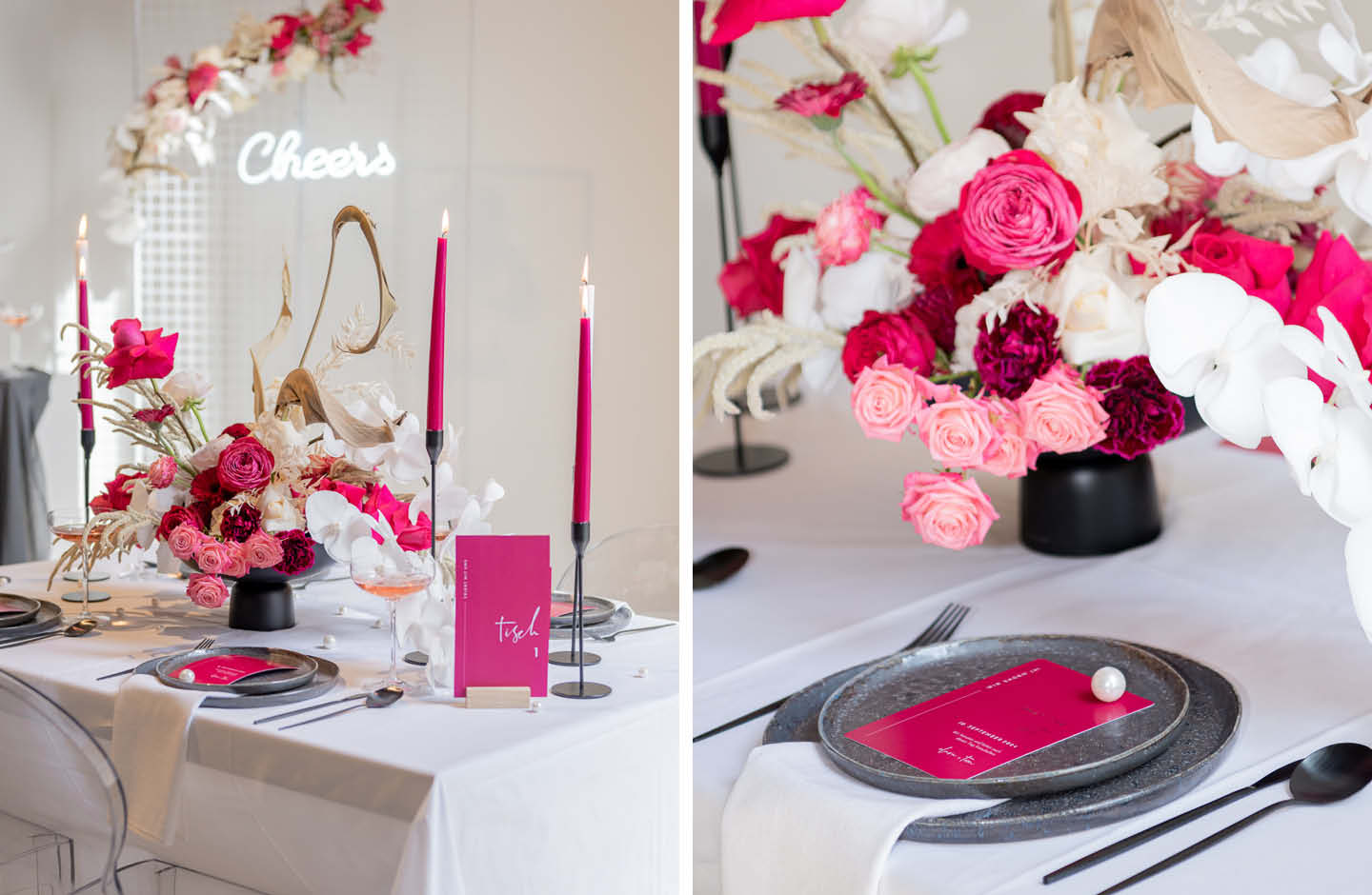 Der Hochzeitstisch ist mit magentafarbenen Elementen dekoriert.
