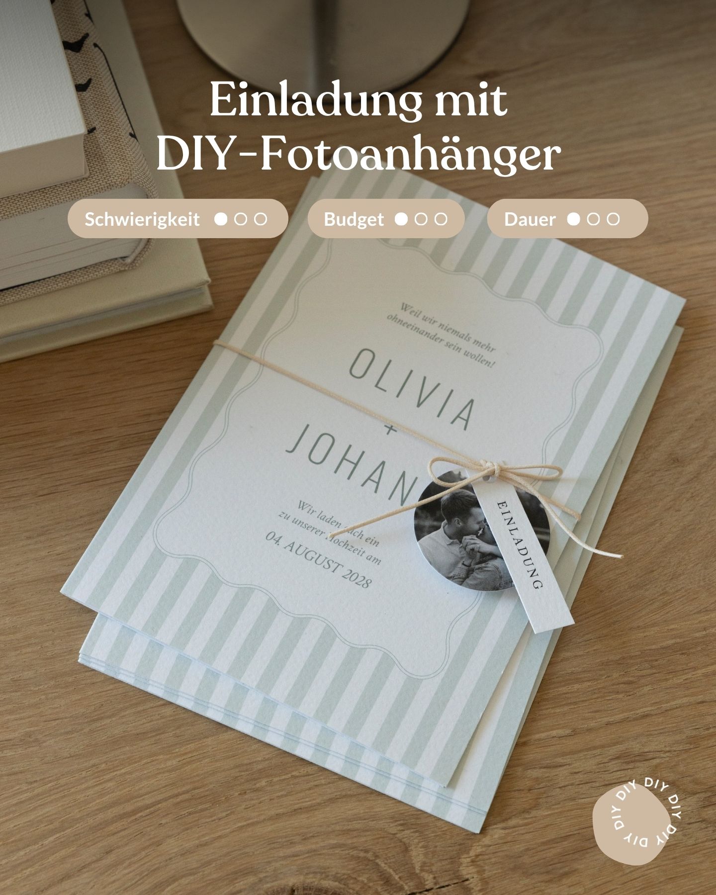 Hochzeitseinladung mit selbstgemachtem Fotoanhänger des Hochzeitspaares.