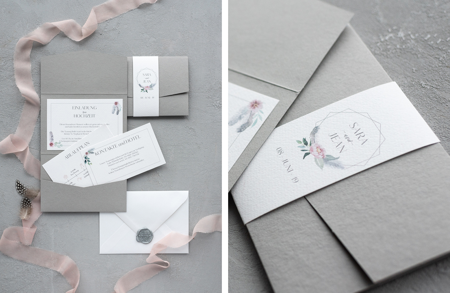 Hochzeitseinladung aus grauen Naturpapier ist dekoriert mit rosa Seidenband und Federn.