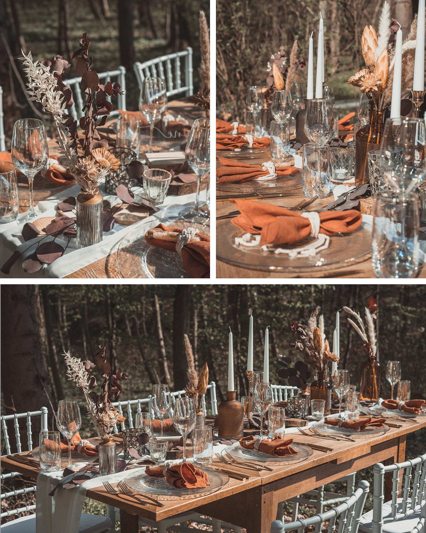 Hochzeitstafel im Boho Vintage Look ist in Erdtönen mit Holz und Glas dekoriert.