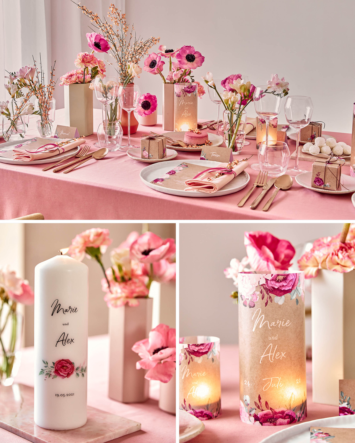 Gedeckte Hochzeitstafel in rosa Tönen und floralem Stil. Für die gemütliche Atmosphäre sorgen Windlichter und personalisierte Kerzen.