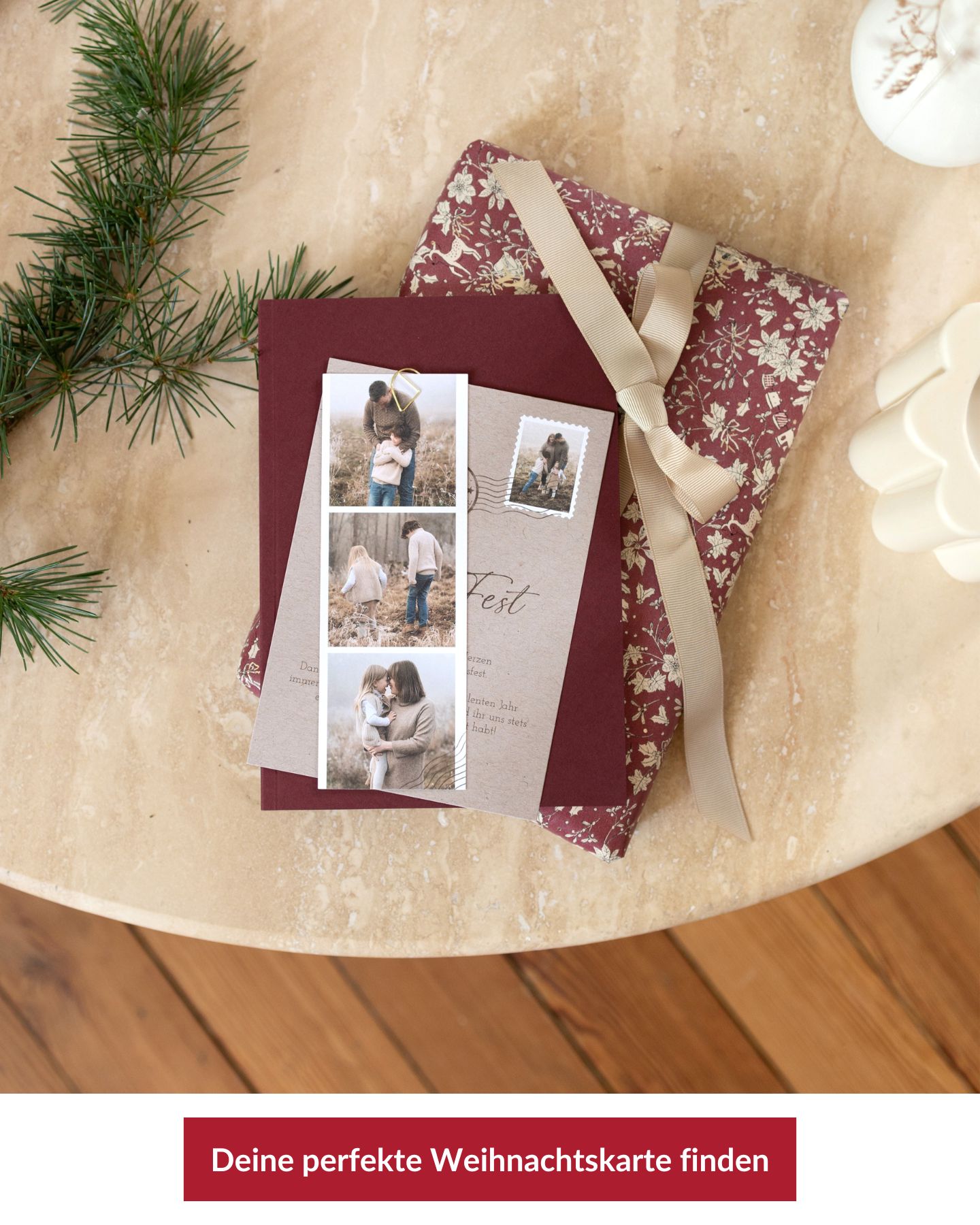 Weihnachtskarten mit viel Platz für Familienfotos, um glückliche Grüße zu verschicken.