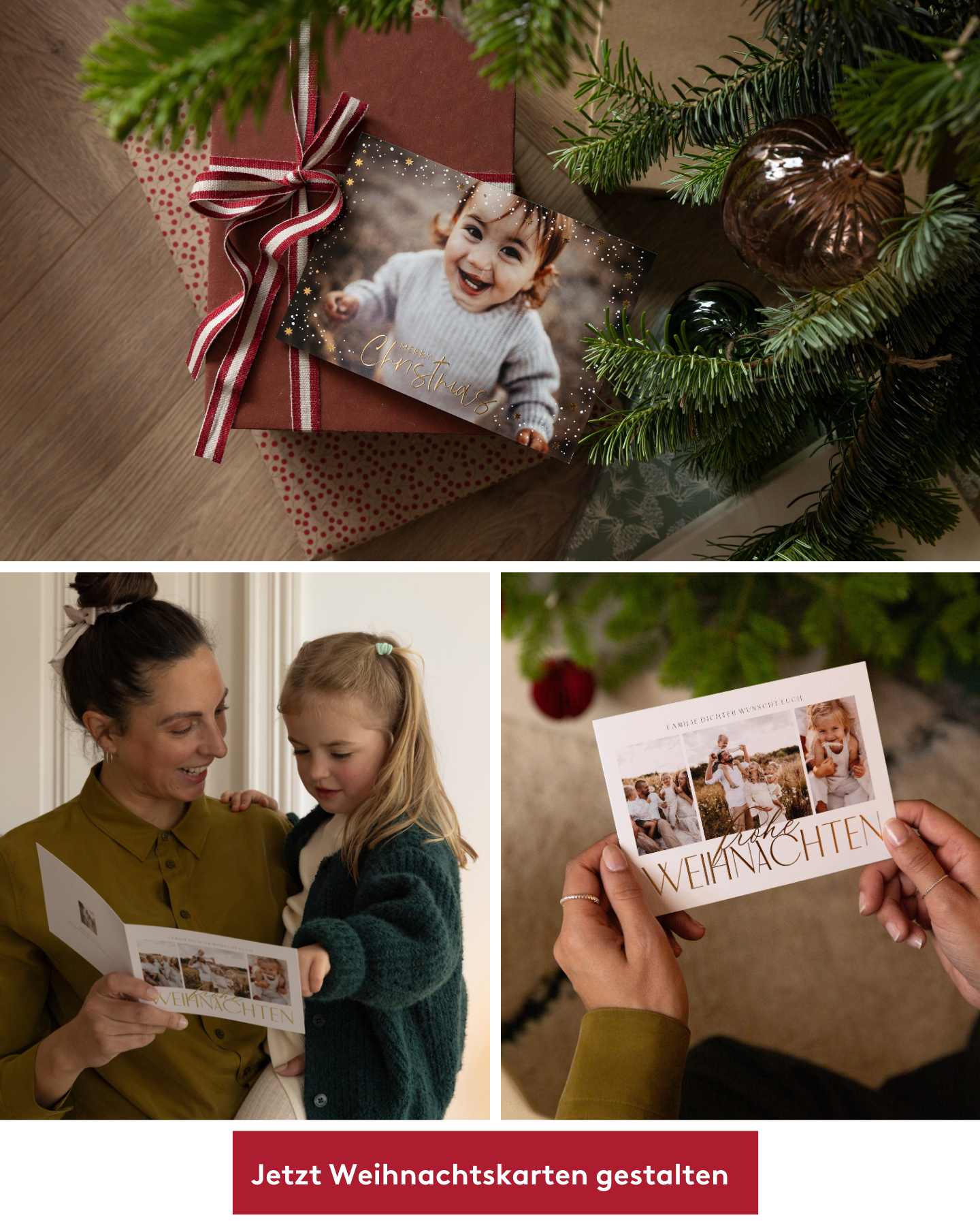 Weihnachtskarten werden beschrieben. Mädchen in rotem Pullover liest Weihnachtskarte.